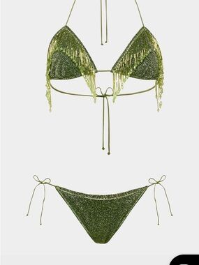 Oseree Metallic Olive Green Fringe Triangle Bikini